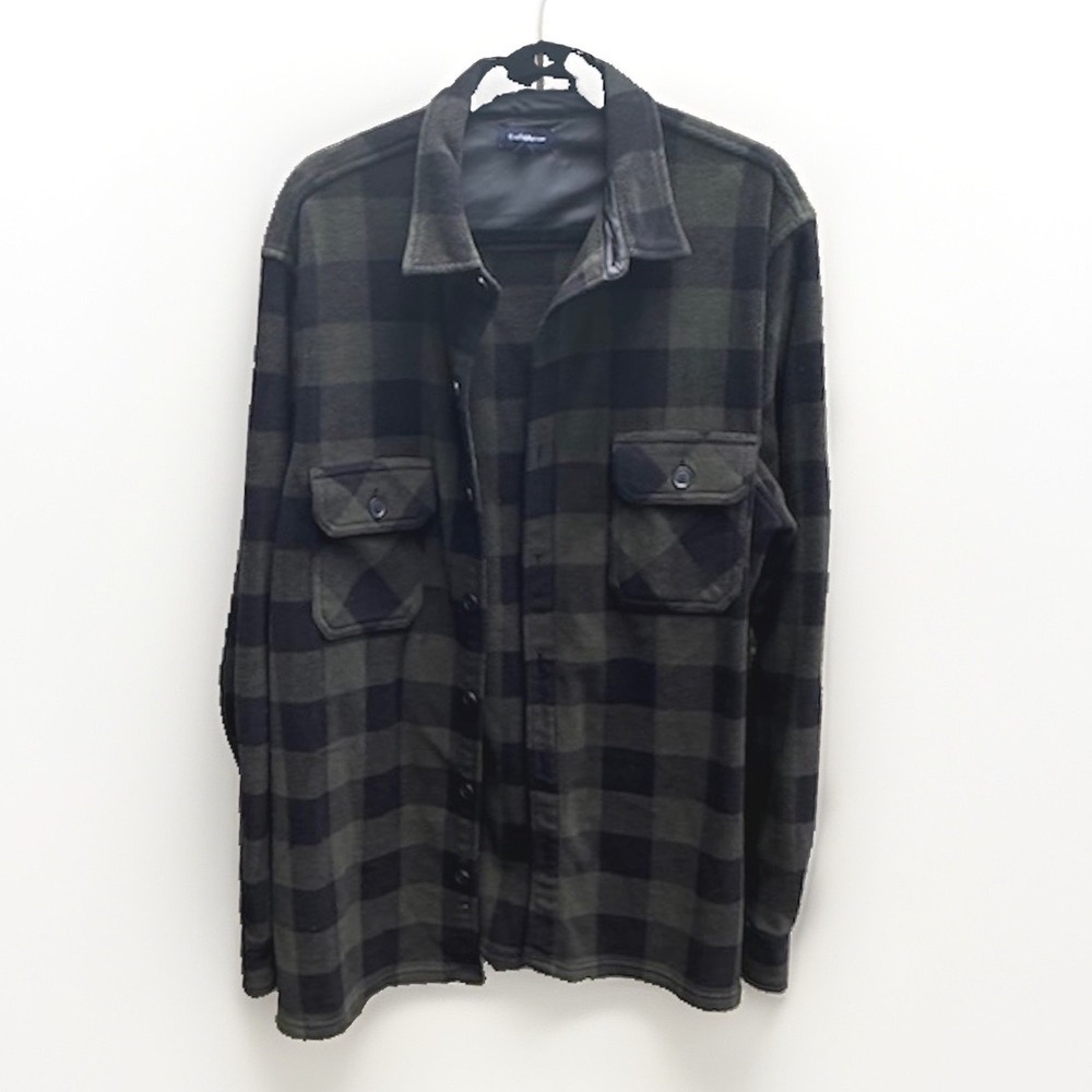 Croft & Barrow Mens XL Tall Fleece Shirt Jacket Buffalo Plaid Olive Green Black